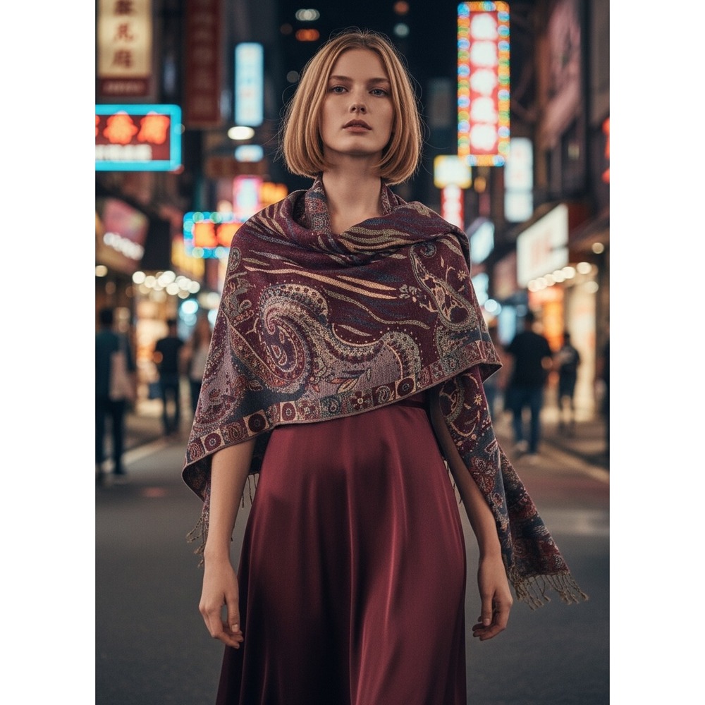Cashmere Paisley Jacquard Shawl OS Burgundy Excellent Fringe Wrap Quiet Luxury